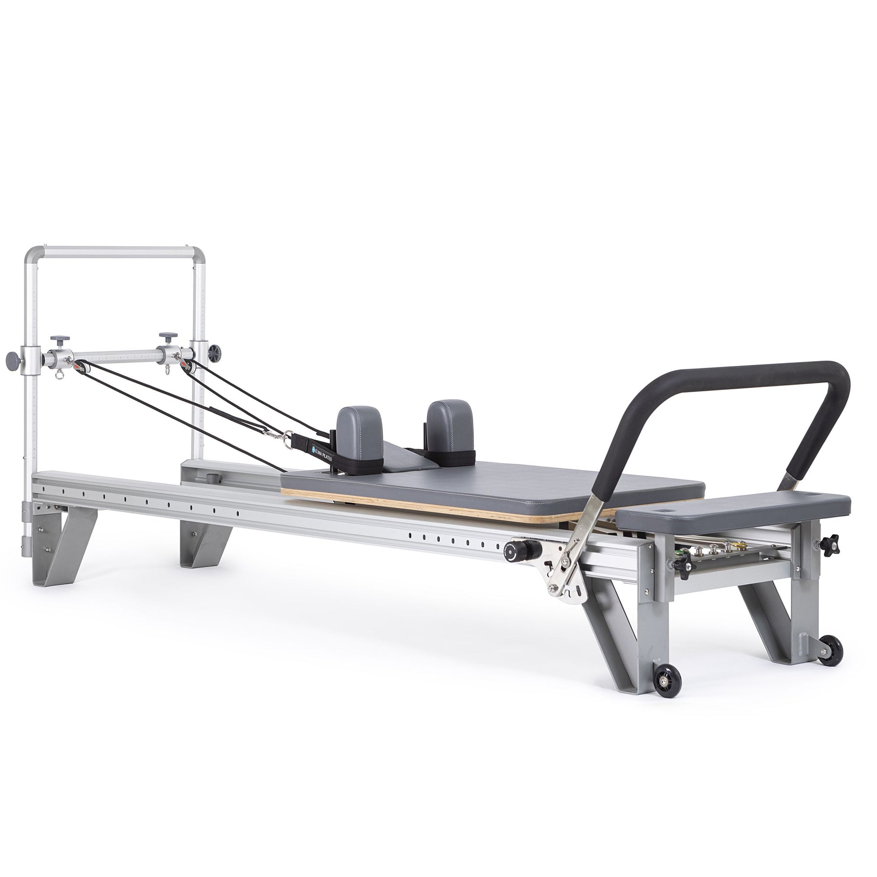 Elina Pilates Mentor Reformer Bundle with grey upholstery and its integrated mini tower, angled view