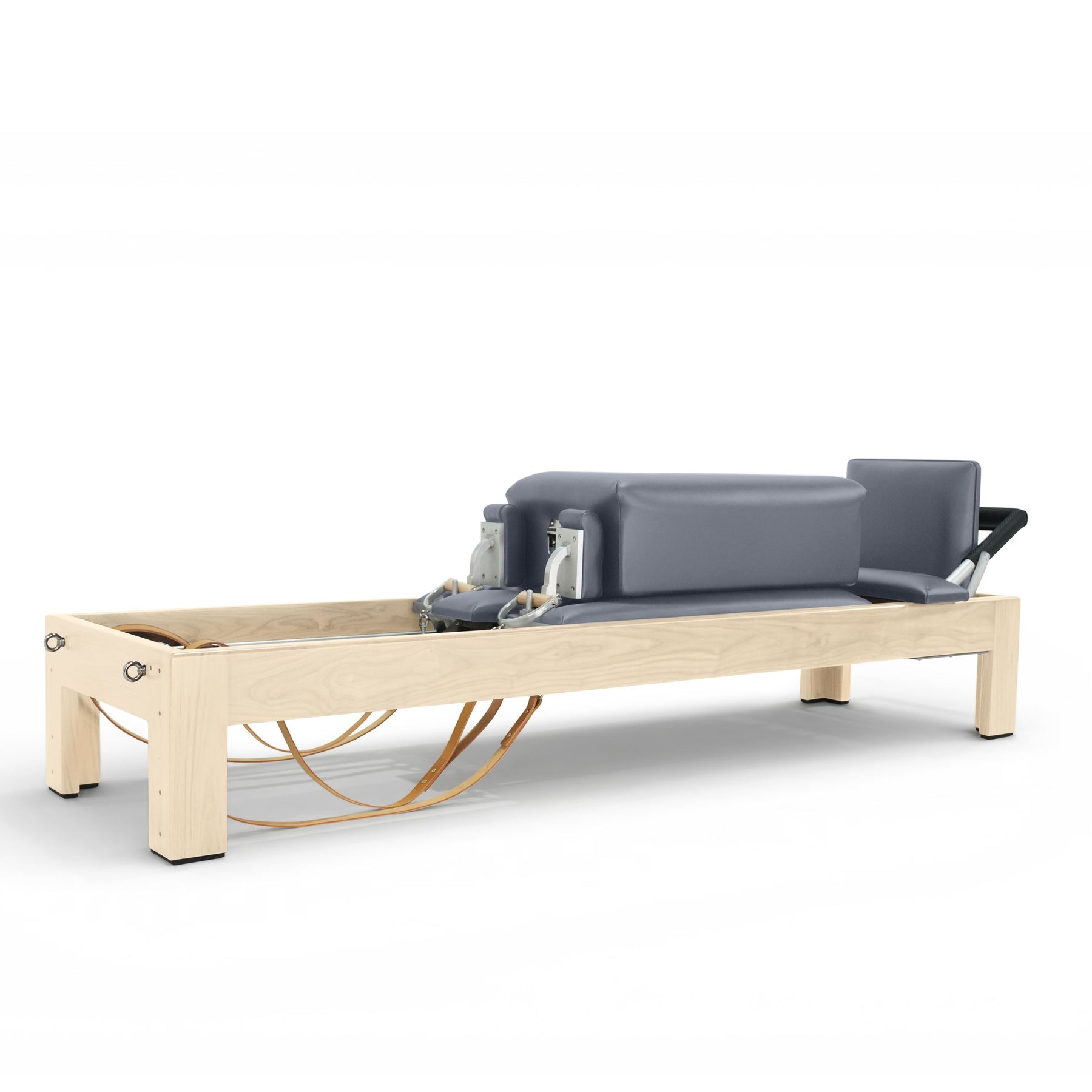 Elina Pilates Classic Natural Wood Reformer in solid maple with leather straps, wooden handles and a classic footbar