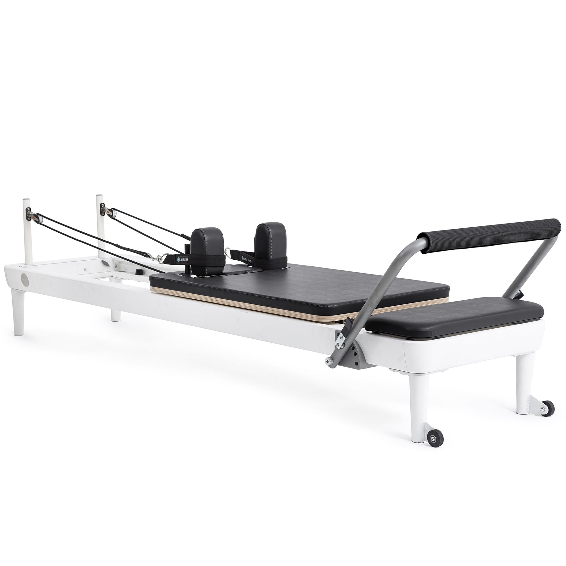 Elina Pilates Nubium Reformer Bundle with a white aluminium frame and black upholstery, angled view