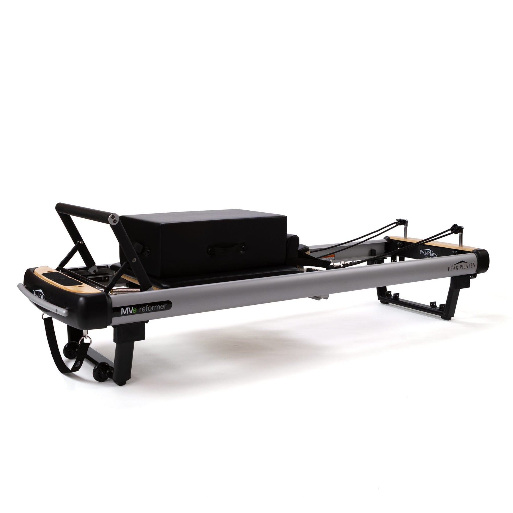 Peak Pilates MVe Reformer with Long/Short Box, a powder-coated aluminium reformer with black upholstery