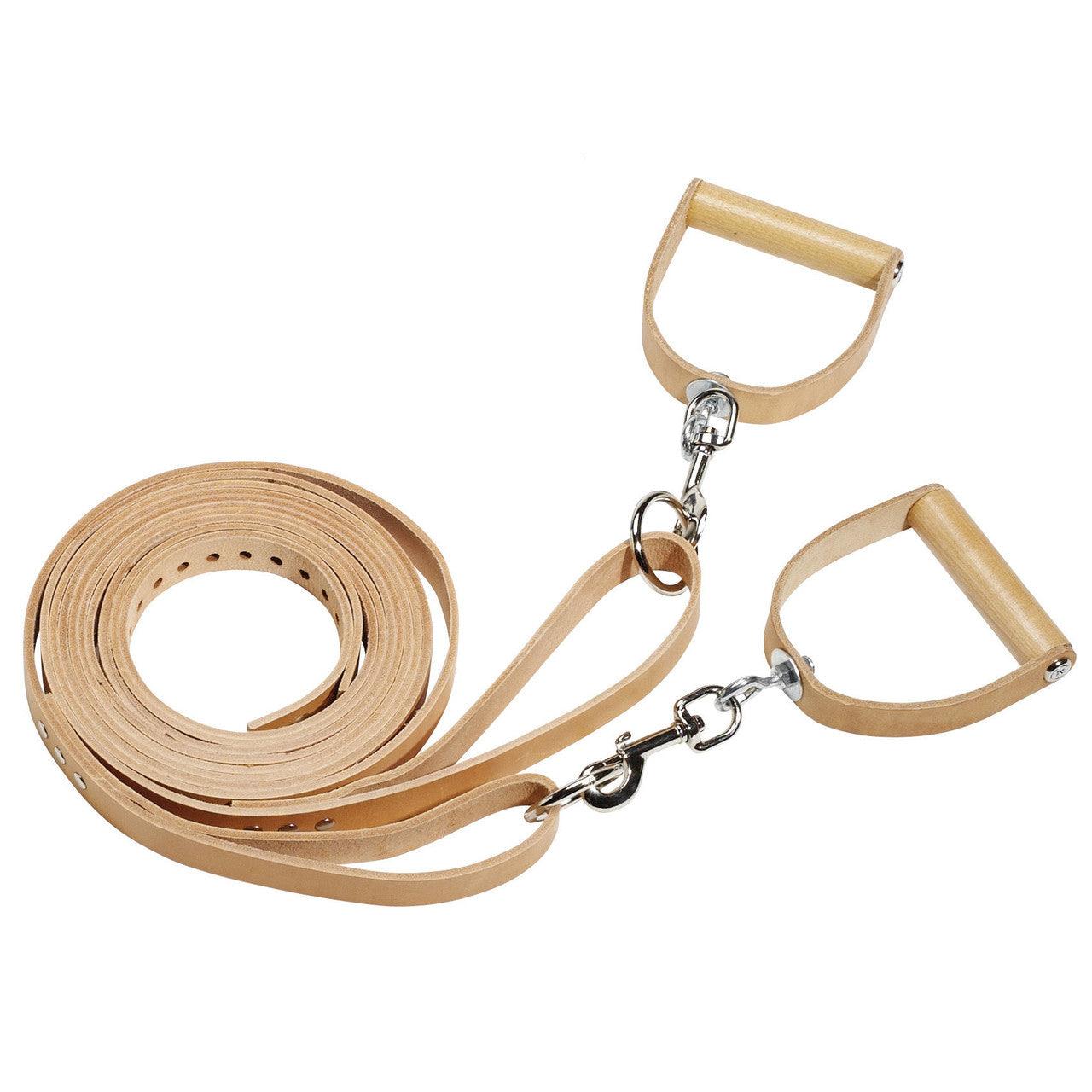 Pre-stretched natural leather primary straps with wooden handles for a classical Peak Pilates reformer