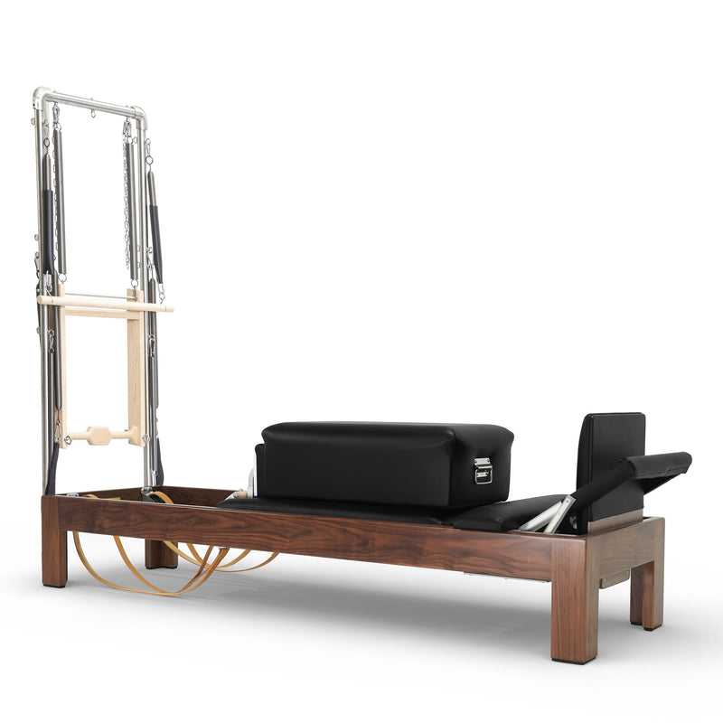 Classic Dark Wood Reformer with Tower, walnut frame, black upholstery