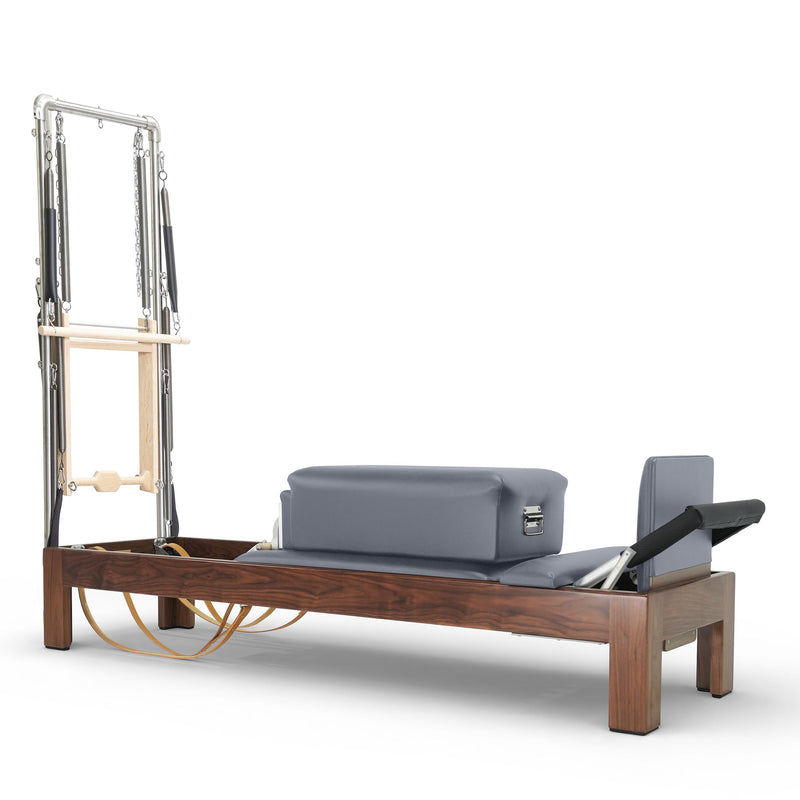 Elina Pilates Classic Dark Wood Reformer 86" with Tower, walnut frame, grey upholstery