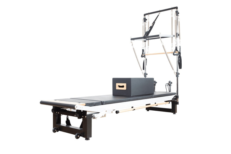 Align Pilates A8-Pro with Half Cadillac, three quarter view on a white background with a sitting box on the carriage