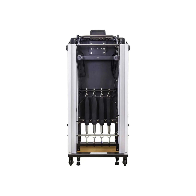 Align Pilates F3 Folding Reformer, folded, view of springs and wheels