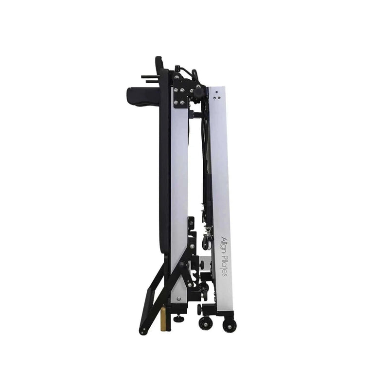 Align Pilates F3 Folding Reformer, folded and locked, side view