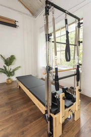 Align Pilates M8-Pro with Half Cadillac, view along the reformer from the tower end