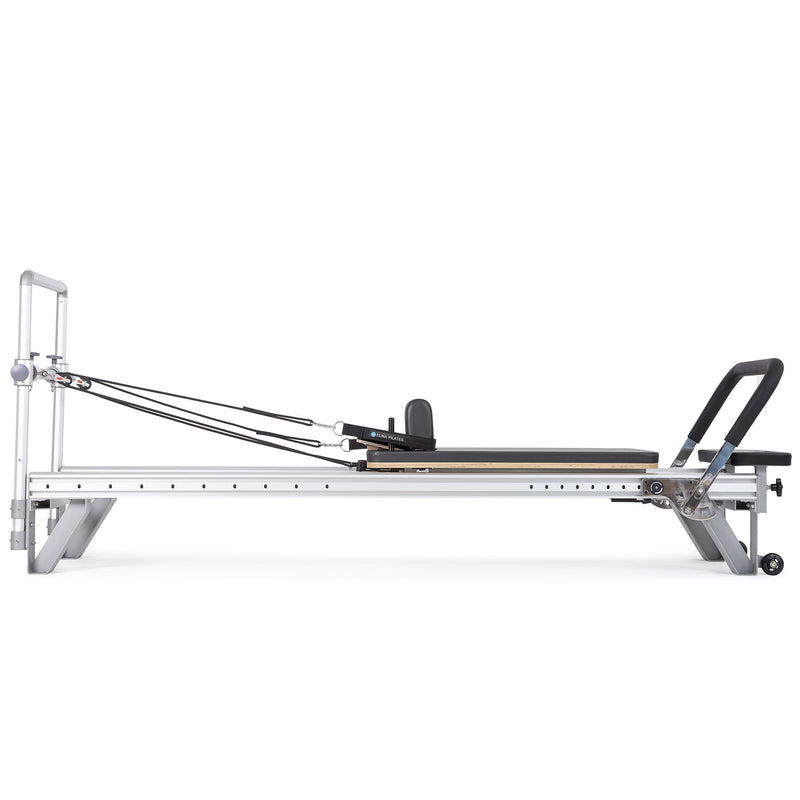 Mentor Reformer side view, black upholstery