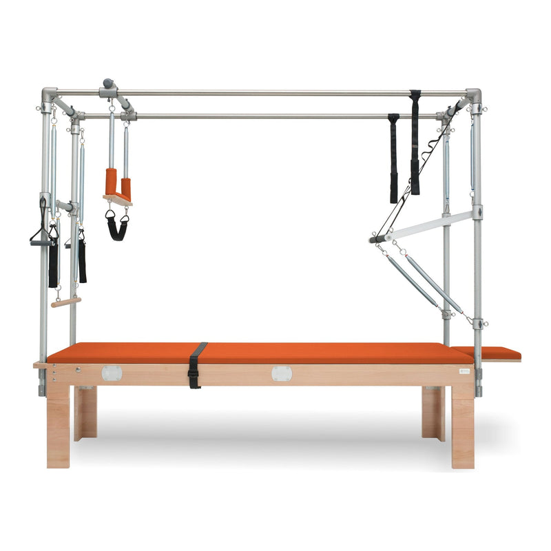 BASI Systems Cadillac Trapeze Table upholstered in Campfire Orange, the whole apparatus shown against a plain background