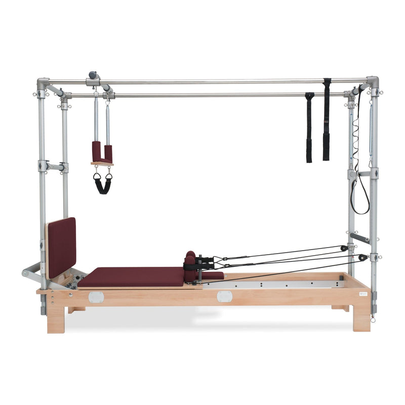 BASI Systems Reformer Combo upholstered in Burgundy, the whole apparatus shown against a plain background, second view
