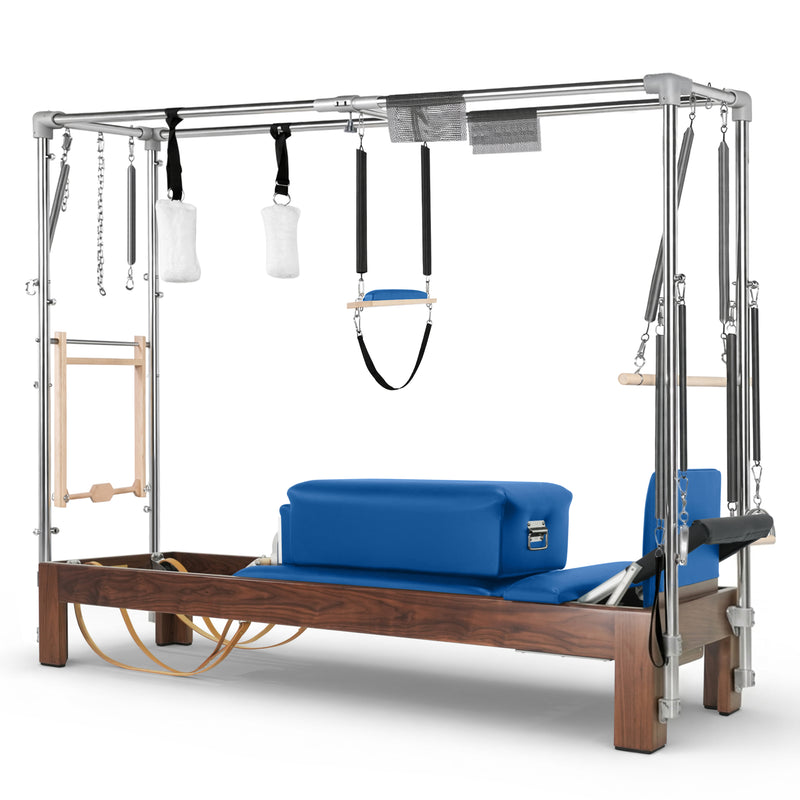Elina Pilates Dark Wood Cadillac Reformer in blue made-to-order upholstery