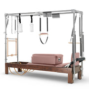 Elina Pilates Dark Wood Cadillac Reformer in dusty rose made-to-order upholstery