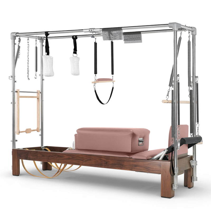 Elina Pilates Dark Wood Cadillac Reformer in dusty rose made-to-order upholstery