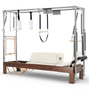 Elina Pilates Dark Wood Cadillac Reformer in ivory made-to-order upholstery