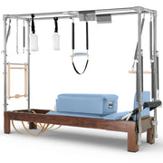 Elina Pilates Dark Wood Cadillac Reformer in light blue made-to-order upholstery