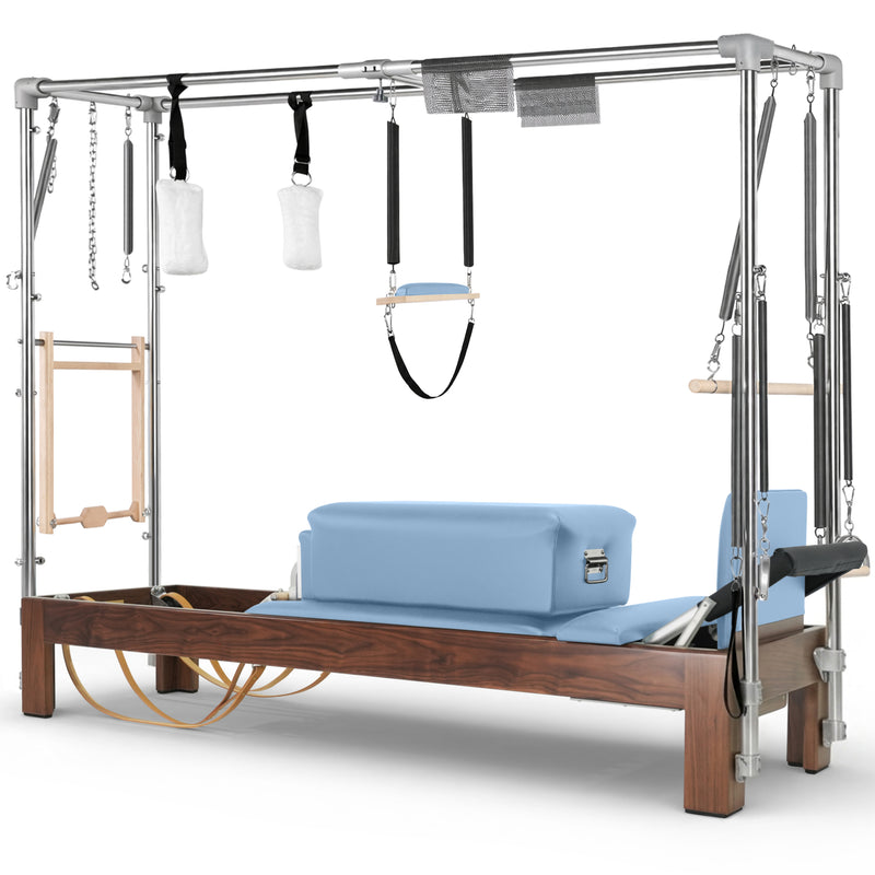 Elina Pilates Dark Wood Cadillac Reformer in light blue made-to-order upholstery