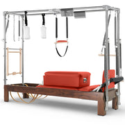 Elina Pilates Dark Wood Cadillac Reformer in red made-to-order upholstery