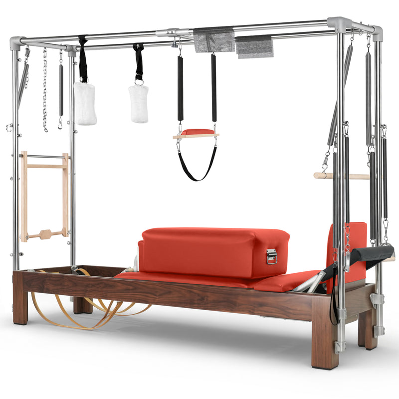 Elina Pilates Dark Wood Cadillac Reformer in red made-to-order upholstery
