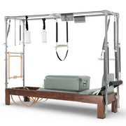 Elina Pilates Dark Wood Cadillac Reformer in sage made-to-order upholstery