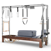 Elina Pilates Dark Wood Cadillac Reformer in slate grey made-to-order upholstery