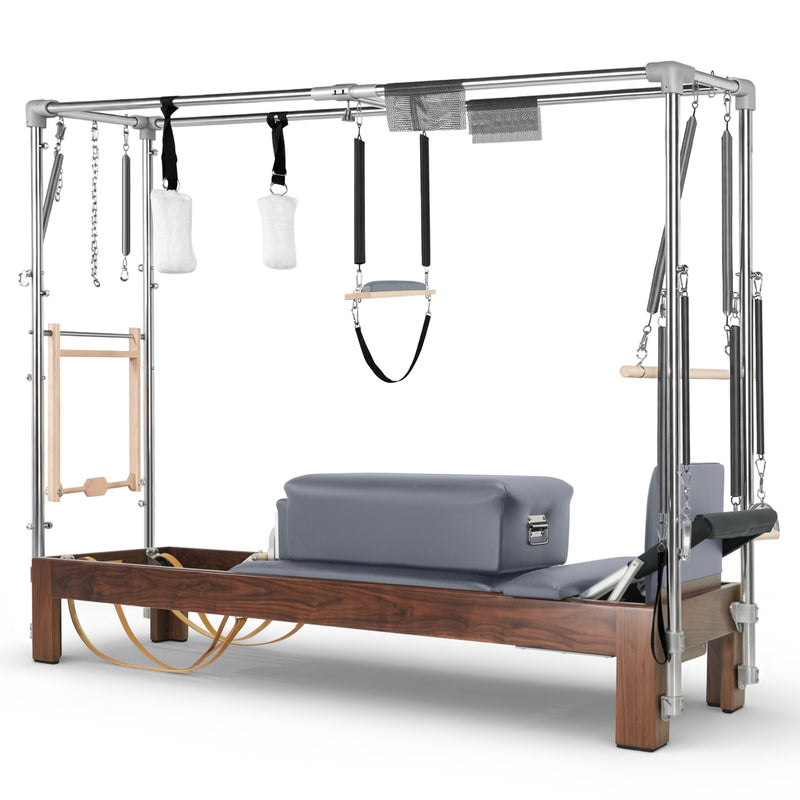 Elina Pilates Dark Wood Cadillac Reformer in slate grey made-to-order upholstery