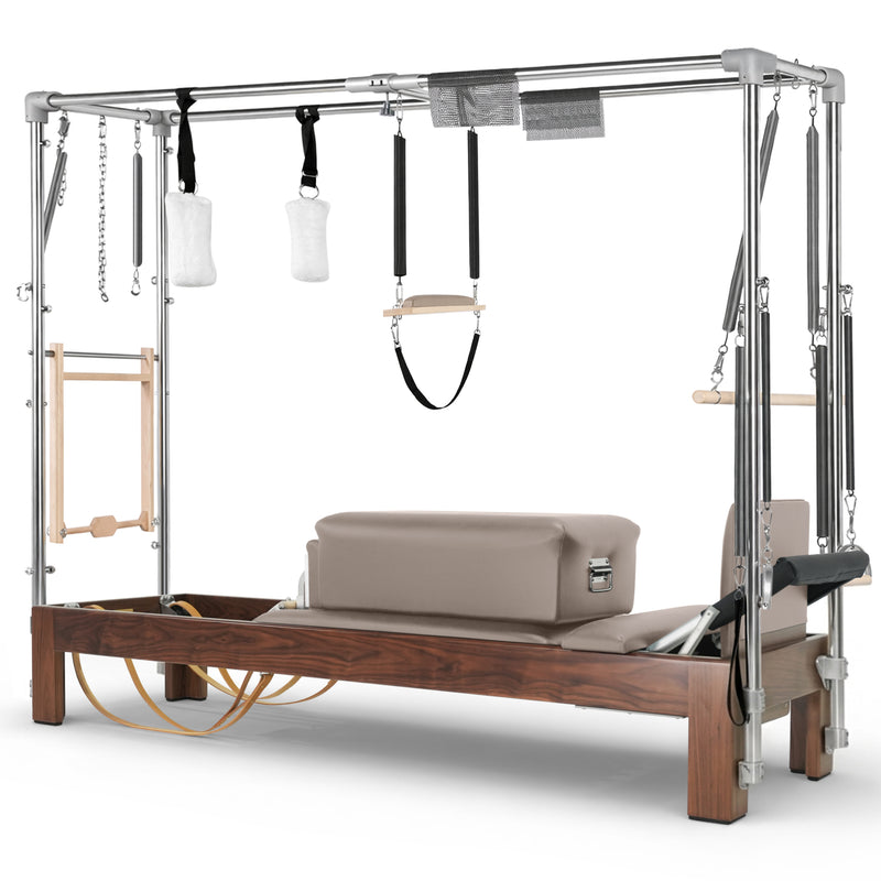 Elina Pilates Dark Wood Cadillac Reformer in taupe moka made-to-order upholstery
