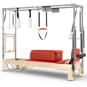 Elina Pilates Natural Wood Cadillac Reformer in red made-to-order upholstery