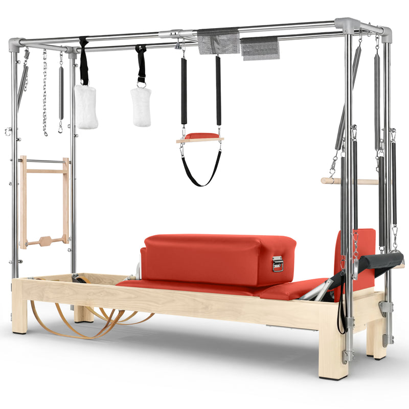 Elina Pilates Natural Wood Cadillac Reformer in red made-to-order upholstery