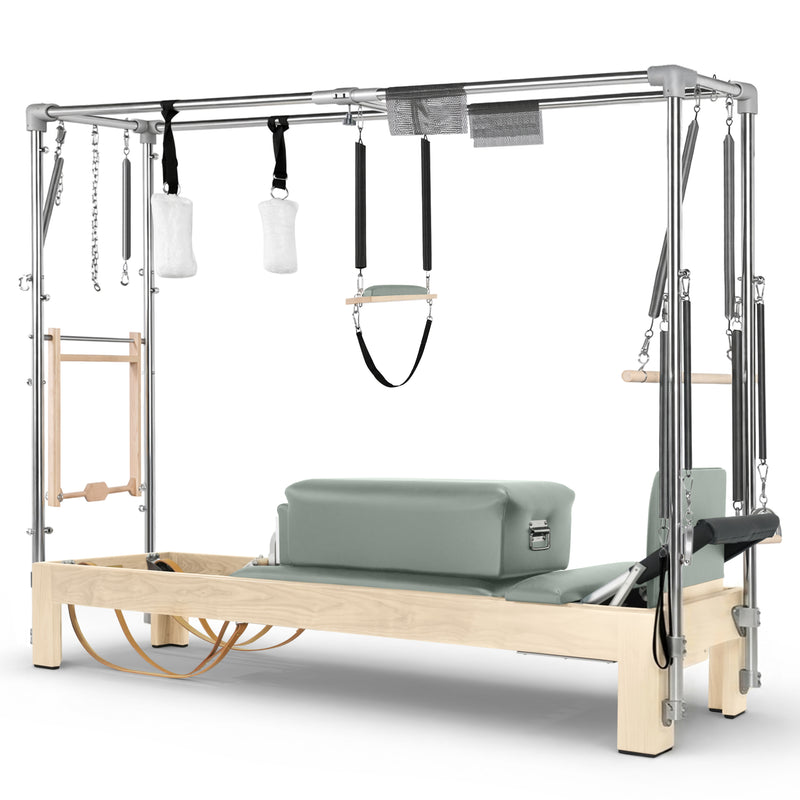Elina Pilates Natural Wood Cadillac Reformer in sage made-to-order upholstery