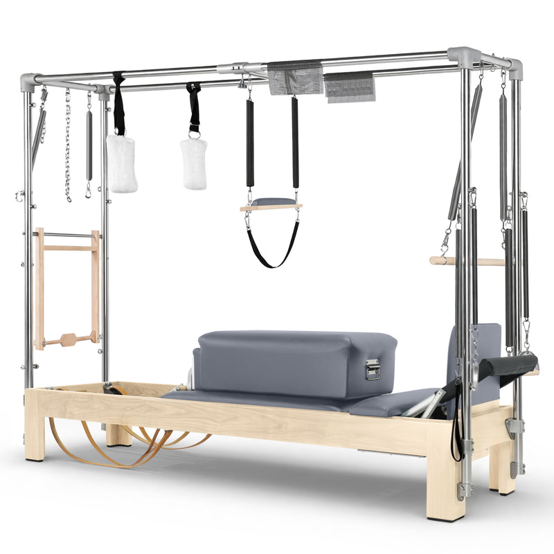 Elina Pilates Natural Wood Cadillac Reformer in slate grey made-to-order upholstery