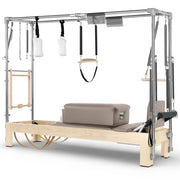 Elina Pilates Natural Wood Cadillac Reformer in taupe moka made-to-order upholstery