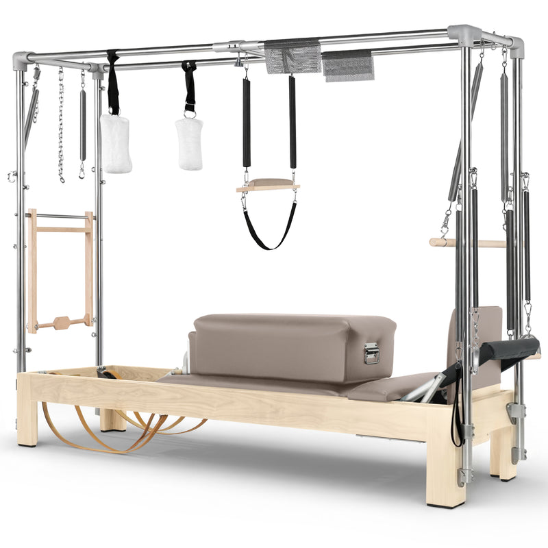 Elina Pilates Natural Wood Cadillac Reformer in taupe moka made-to-order upholstery