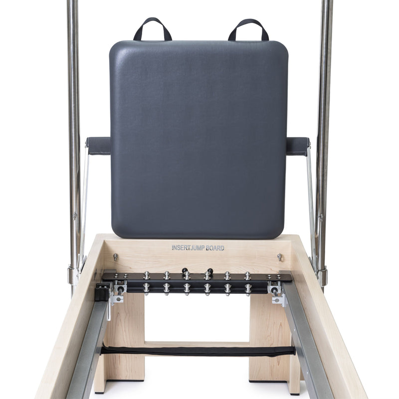 Elina Pilates Elite Cadillac Reformer jump board upright over the gear panel, grey