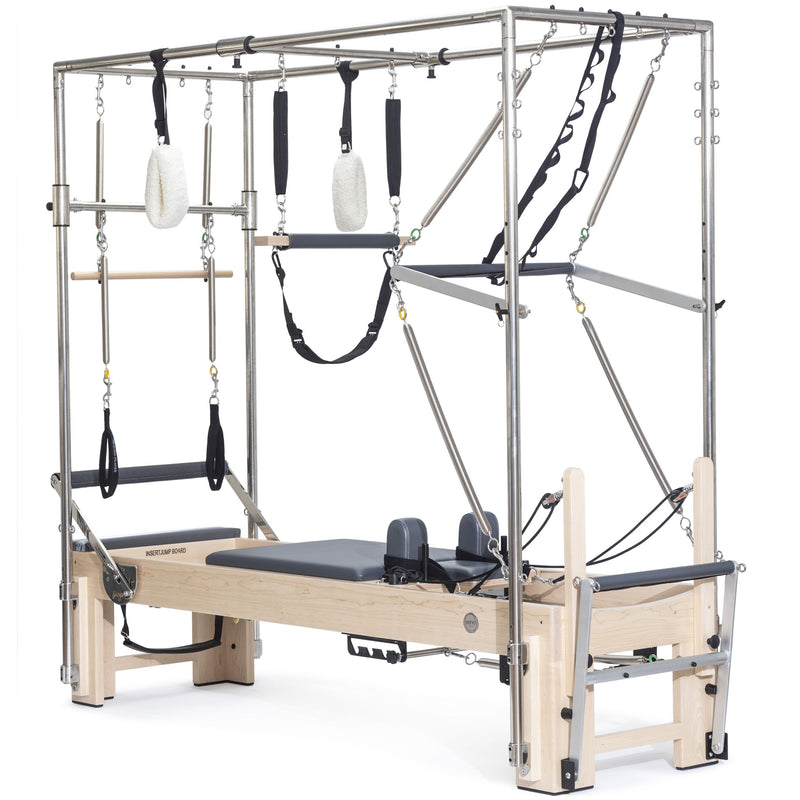 Elina Pilates Elite Cadillac Reformer in grey, angled studio view