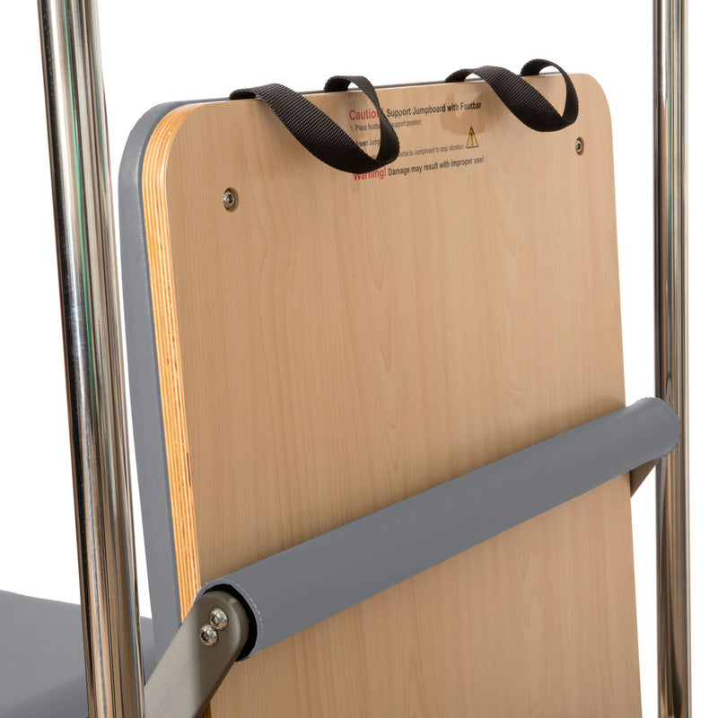 Elina Pilates Cadillac Reformer jump board mounted, grey trim detail
