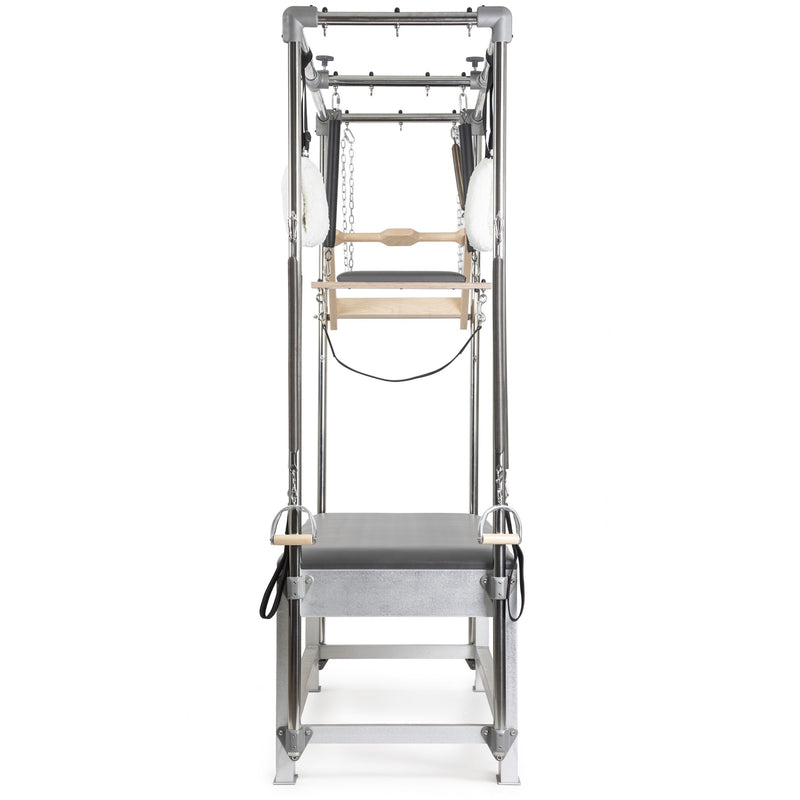 Elina Pilates Classic Aluminium Cadillac in grey, end-on view down the length of the bed