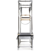 Elina Pilates Classic Aluminium Cadillac in black, end-on view down the length of the bed