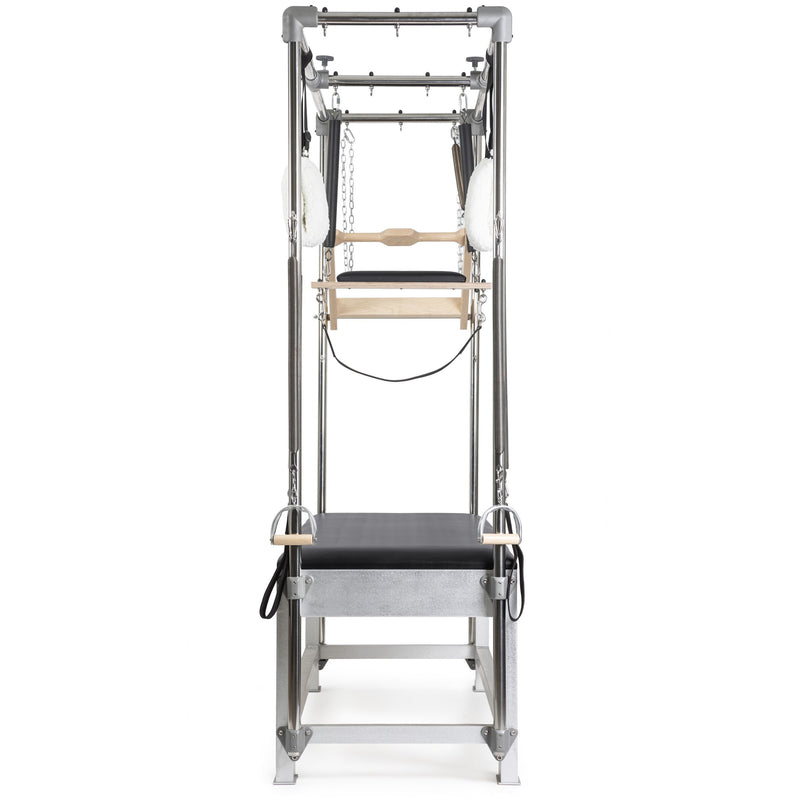 Elina Pilates Classic Aluminium Cadillac in black, end-on view down the length of the bed