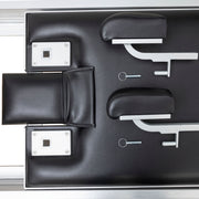 Headrest, shoulder rests, footbar brackets and locking pins from above, black