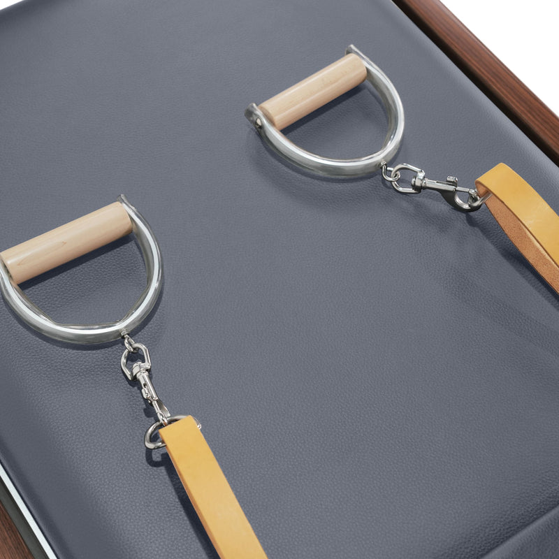 Elina Pilates Dark Wood Cadillac Reformer D-ring handles with wooden grips and leather straps, grey, walnut frame