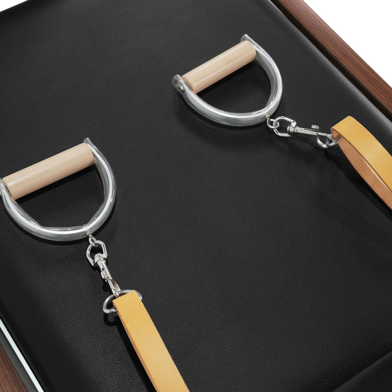 Elina Pilates Dark Wood Cadillac Reformer D-ring handles and leather straps, black, walnut frame