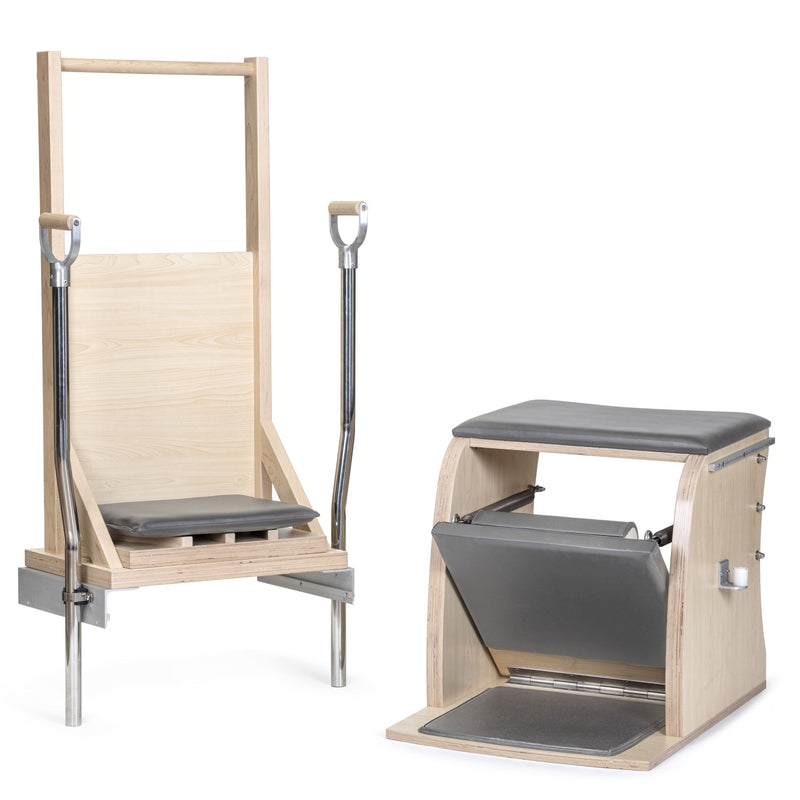 Elina Pilates Classic Combo Chair with Back in grey, both configurations shown side by side