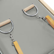 D-ring handle and leather strap close-up, iceberg grey pad