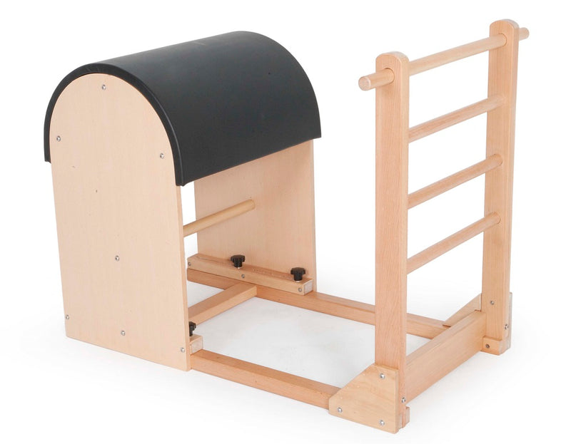 Elina Pilates Ladder Barrel with wooden base in black, wider alternate camera angle