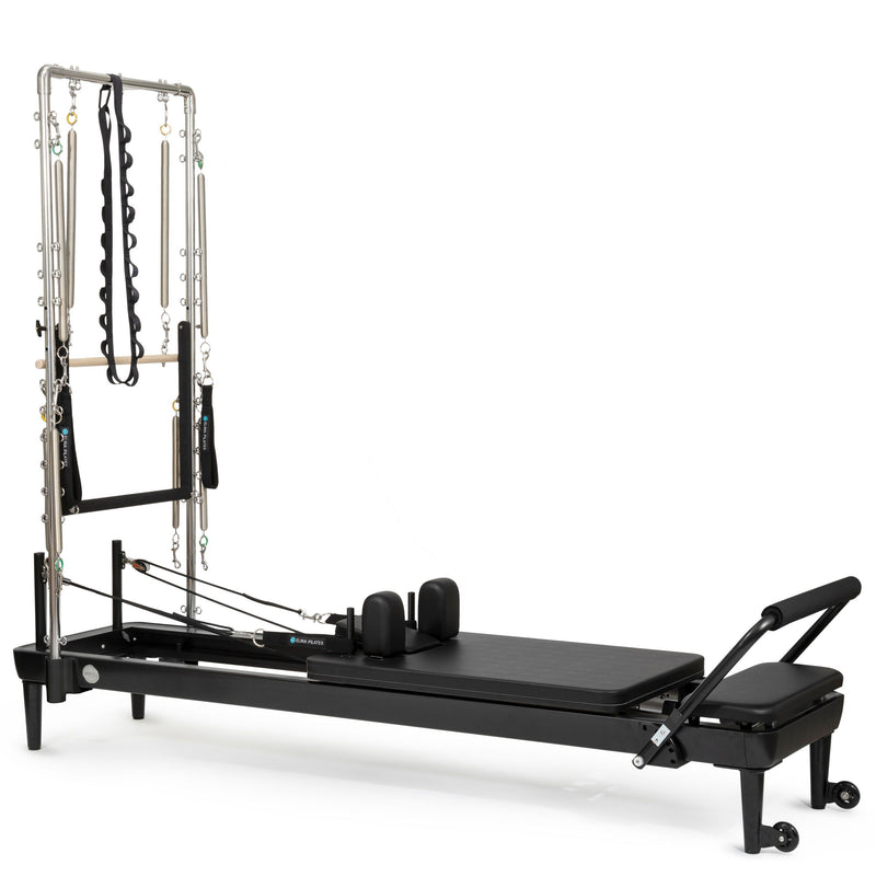 Elina Pilates Nubium Black Edition Reformer with Tower, all black, angled studio view