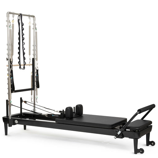 Elina Pilates Nubium Black Edition Reformer with Tower, all black, angled studio view