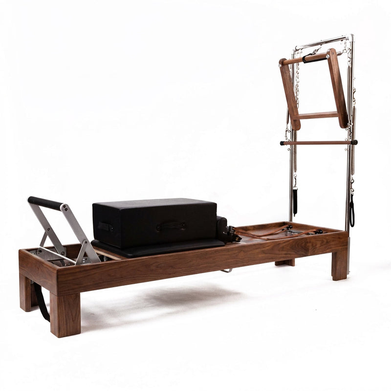 Peak Pilates Artistry TWS with Leather Straps in walnut, footplate detail