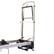 Peak Pilates MVe Reformer Tower Conversion fitted to an MVe Reformer, tower upright in side view