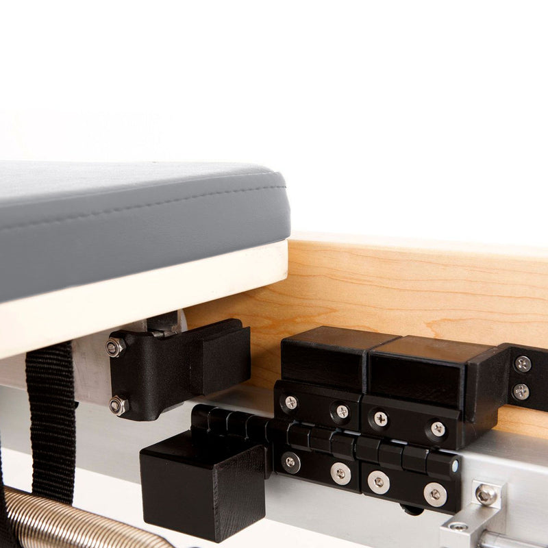 Elina Pilates Physio Wood Reformer, grey, carriage stopper detail