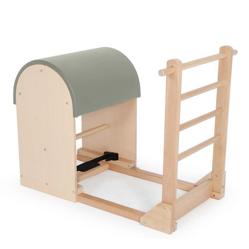 Elina Pilates Ladder Barrel with wooden base in grey-green made-to-order upholstery